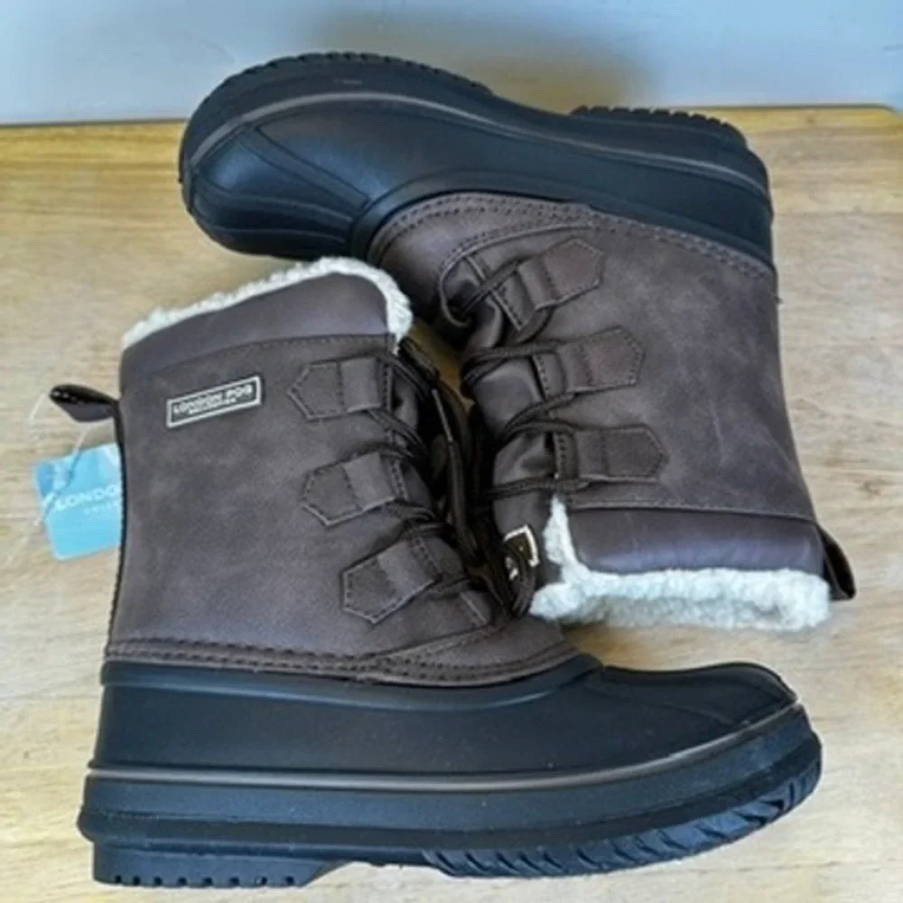 London Fog Cheshire Duck Boots Kids Size 1 Brown Black Faux Fur Trim Winter Snow